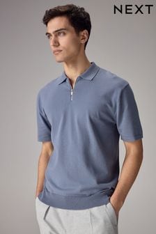 Blue Knitted Regular Fit Zip Polo Shirt (527944) | LEI 160