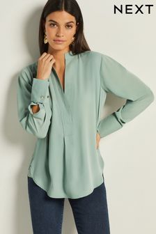 Sage Green Long Sleeve Overhead V-Neck Relaxed Fit Blouse (528117) | EGP730