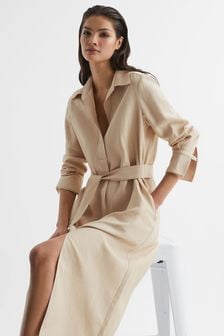 Reiss Neutral Phoenix Premium Linen Blend Midi Dress (528480) | €454