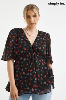 Simply Be Black Print Ruched V-Neck Blouse Top With Opening (528878) | €15.50