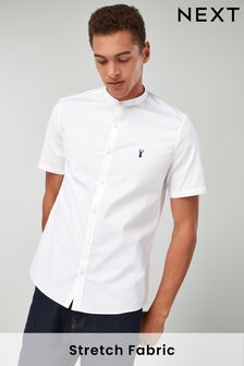 White Grandad Collar Slim Fit Short Sleeve Stretch Oxford Shirt (529083) | 28 €