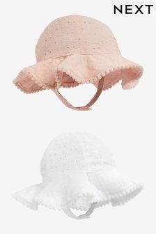 White/Pink Baby Broderie Wide Brim Hats 2 Pack (0mths-2yrs) (529792) | 69 QAR