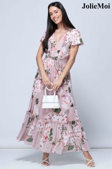 Roza dolga mrežasta obleka s cvetličnim potiskom Jolie Moi Kailee (530220) | €48