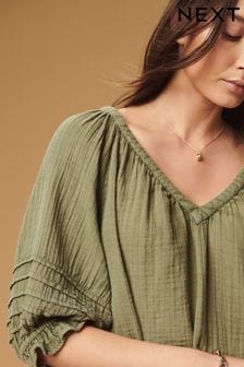 Khaki Green Washed V-Neck 100% Cotton Blouse (530720) | $51