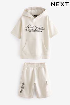 Ecru White Short Sleeve Hoodie and Shorts Set (3-16yrs) (530732) | KRW49,100 - KRW66,200