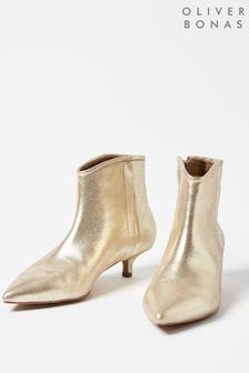 Oliver Bonas Gold Leather Pointed Kitten Heel Boots