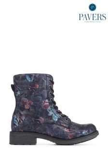 Pavers Blue Floral Print Lace-Up Ankle Boots