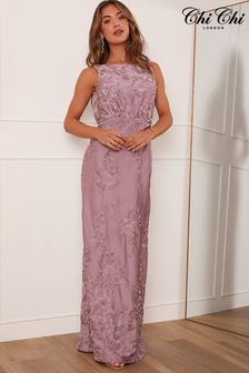 Chi Chi London Purple Embroidered Lace Cowl Back Maxi Dress (532607) | 410 zł