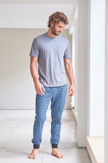 Grey/Blue Geo Short Sleeved MotionFlex Cosy Cuffed Pyjama Set (533030) | 483 UAH