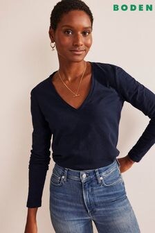 Boden Blue 100% Cotton V-Neck Long Sleeve Top (534188) | $48