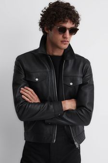Reiss Black Carp Leather Zip Through Jacket (534421) | 3,274 SAR