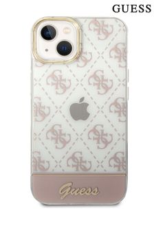 Guess Pink iPhone 14 Plus Case Iml Electroplated 4G Pattern Bottom Stripe Script Logo
