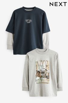 Grey/Navy Skate Long Sleeve Graphic T-Shirts 2 Pack (3-16yrs) (535650) | TRY 518 - TRY 748