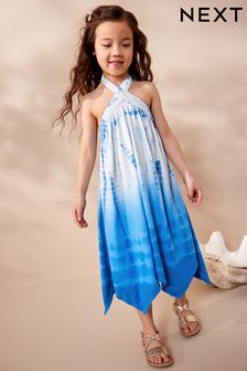 Blue/ White True Tie Dye Halterneck Jersey Dress (3-16yrs) (535938) | AED73 - AED97