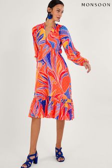 Monsoon Orange Ariel Print Tiered Dress in Sustainable Viscose (536203) | 27,150 Ft