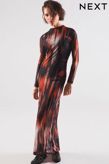 Red and Black Smudge Print Long Sleeve Mesh Midi Dress (536504) | 62 €