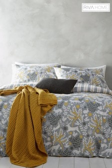 furn. Grey Grey/Ochre Yellow Skandi Woodland Brushed Cotton Winter Stag Reversible Duvet Cover and Pillowcase Set