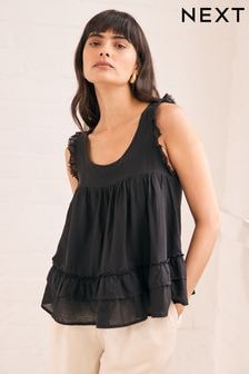 Black Sleeveless Raw Hem Scoop Neck 100% Cotton Top (537144) | $42