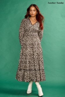 Another Sunday Tiered Midi Dress With V Neck In Black Leopard Print