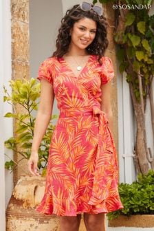 Sosandar Pink Printed Linen Wrap Dress (537532) | AED416