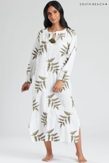 South Beach Longsleeve Tie Neck Beach Dress with Leaf Embroidery