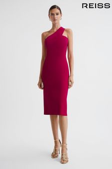 Reiss Pink Lola Knitted One Shoulder Bodycon Midi Dress (538411) | AED1,138