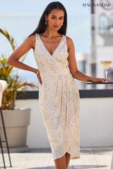 Natural Scattered Sequin Wrap Dress (538432) | AED521