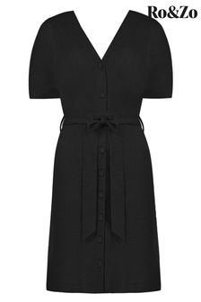 Ro&Zo Linen Button Front Short Black Dress (538442) | €55