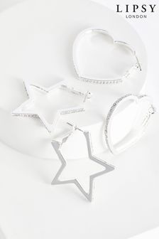 Lipsy Jewellery Silver Tone Large Crystal Heart And Star Hoops Earrings Packs of 2 (539340) | €12.50