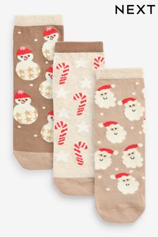 Neutral Cream 3 Pack Cotton Rich Christmas Character Ankle Socks (540142) | €5 - €7