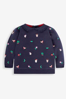 JoJo Maman Bébé Navy Girls' Christmas Embroidered Sweatshirt With Collar (542695) | €38
