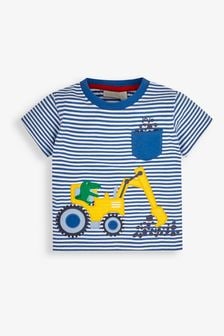JoJo Maman Bébé Cobalt Stripe Dino Construction Appliqué Pocket T-Shirt (543058) | $25