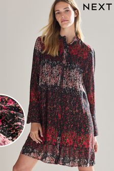 Black Based Red And Pink Smudge Floral Pintuck Long Sleeve Mini Dress (543973) | TRY 746
