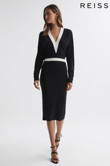 Reiss Black/White Jodie Knitted Colourblock Midi Dress (544198) | €287