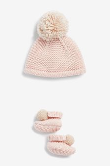 Pink Knitted Baby Hat and Bootie Set (0-12mths) (544247) | kr160