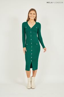 Mela Green Knitted Fitted Midi Dress With Buttons (544478) | OMR21