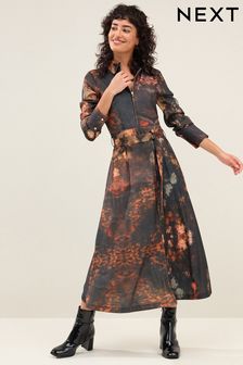 Black Smudge Print Long Sleeve Zip Front Belted Midi Dress (546391) | $125