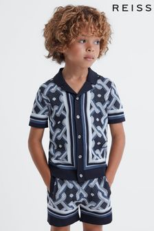 Reiss Navy Multi Hyde Junior Knitted Cuban Collar Button-Through Shirt (546820) | €60