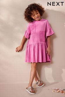 Pink Crochet Embellished Short Sleeve Jersey Dress (3-16yrs) (547051) | KRW44,800 - KRW57,600