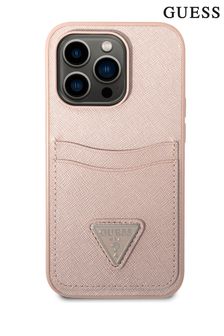 Guess粉色Iphone 14 Pro純色山羊革雙卡槽紋金屬三角標誌手機殼 (548011) | NT$1,870