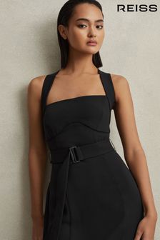 Reiss Black Nylah Cross-Back Belted Bodycon Midi Dress (548019) | €347