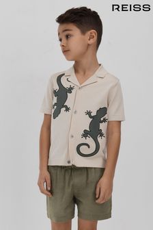 Reiss Stone/Green Reggie Knitted Reptile Cuban Collar Shirt (548030) | €70