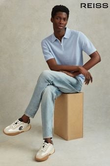 Reiss Soft Blue Burnham Cotton Blend Textured Half Zip Polo Shirt (548518) | $239
