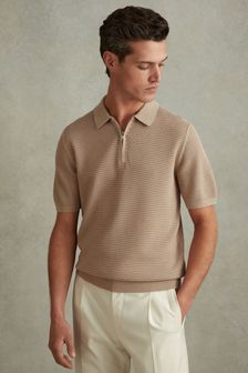 Reiss Taupe Burnham Cotton Blend Textured Half Zip Polo Shirt (548538) | kr1,786
