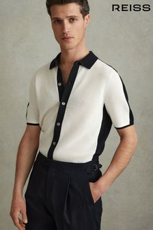 Reiss Navy/Optic White Misto Cotton Blend Open Stitch Shirt (548874) | €145