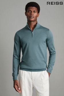 Reiss Ocean Green Blackhall Merino Wool Half Zip Funnel Neck Jumper (549519) | €112