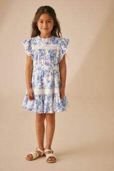 Laura Ashley Blue/White Walled Garden Frill Sleeve Dress (550404) | AED161 - AED194