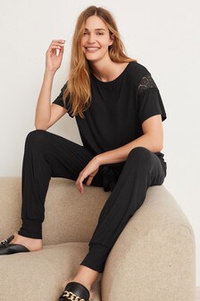 Black - Modal Rib & Lace Pyjamas (550676) | MYR 160