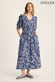 Joules Rosalie Blue & White V-Neck Frill Dress (550756) | AED443