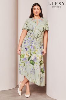 Lipsy Green Floral Curve Ruched Front Keyhole Cut Out Asymmetrical Midi Dress (551539) | $118
